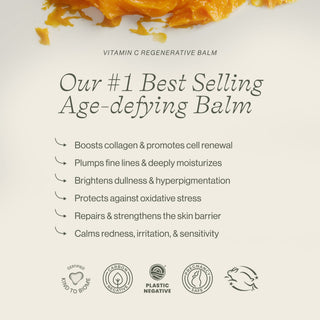 Apoterra Vitamin C Balm benefit listing graphic states Vitamin C alm boosts collagen and promotes cell renewal