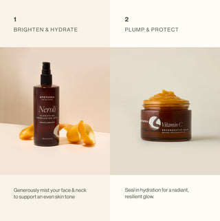 Vitamin C Brightening Duo how to use for brightening, hydration, and plumping. 