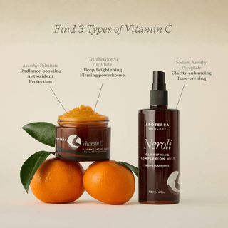 Apoterra's Vitamin C Brightening Duo contains three kinds of vitamin c for radiance boosting, brightening, and tone-evening clarity. 