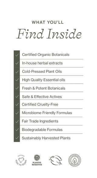 List of natural and clean product features for Apoterra clean skincare products including Kind to Biome, and Leaping Bunny Certified
